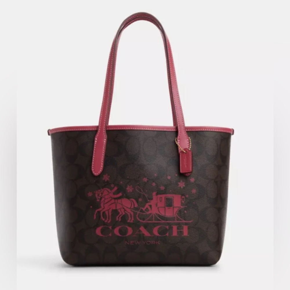 COACH Mini City Tote Canvas/Smooth Leather Pink Horse & Sleigh ❄️